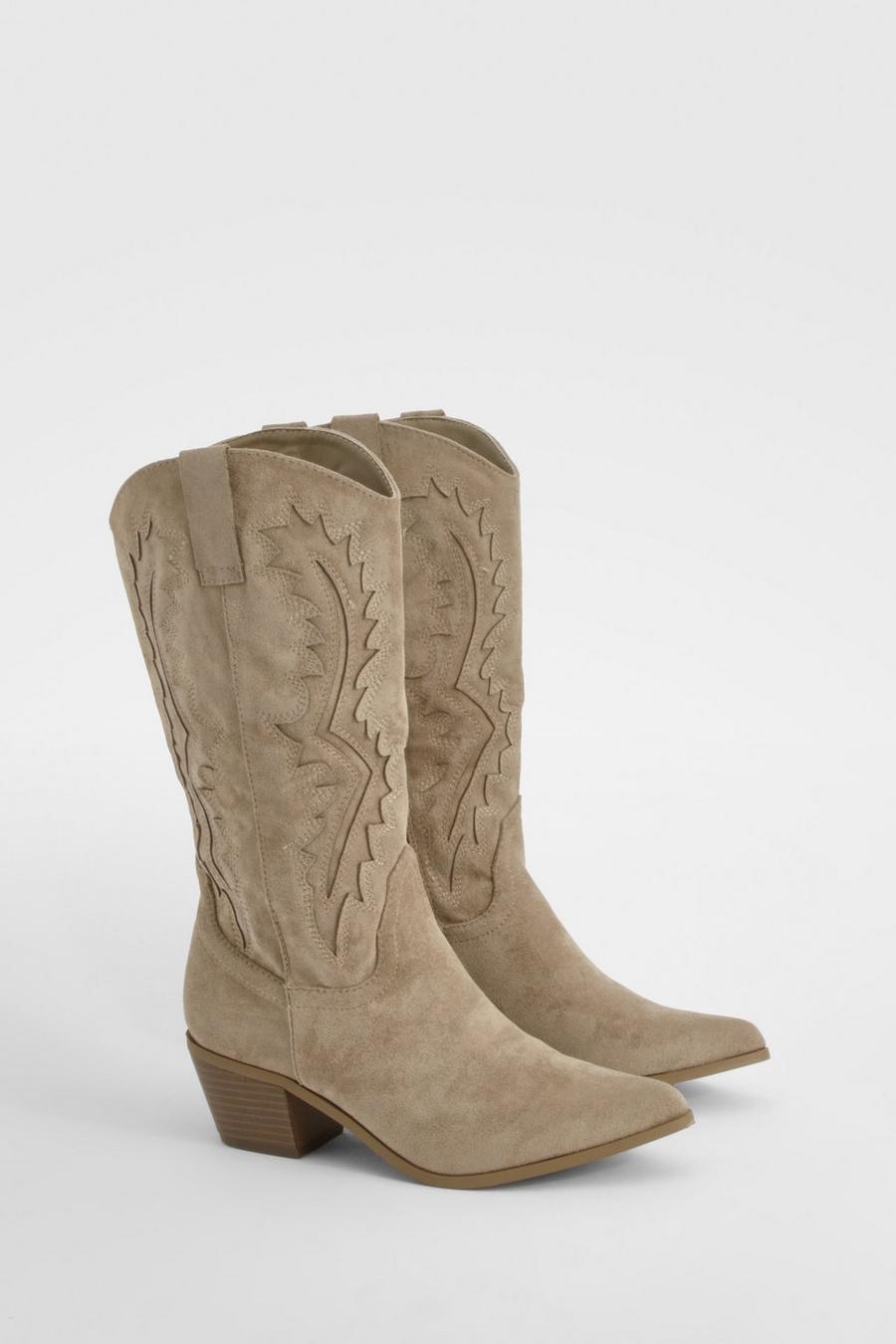 Taupe Embroidered Western Cowboy Boots        