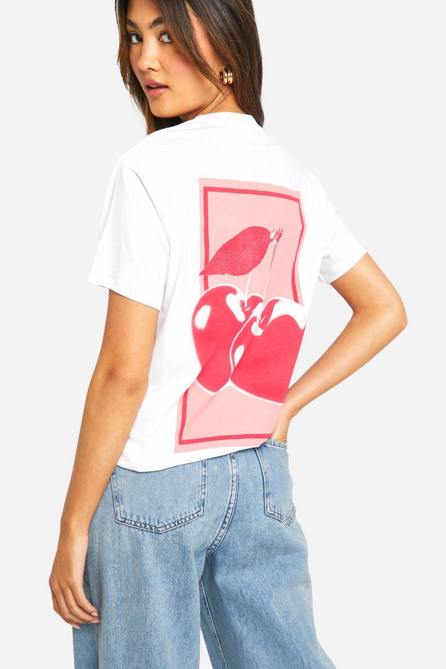 T-shirt oversize con stampa di ciliegie cromate sul retro, White image number 1