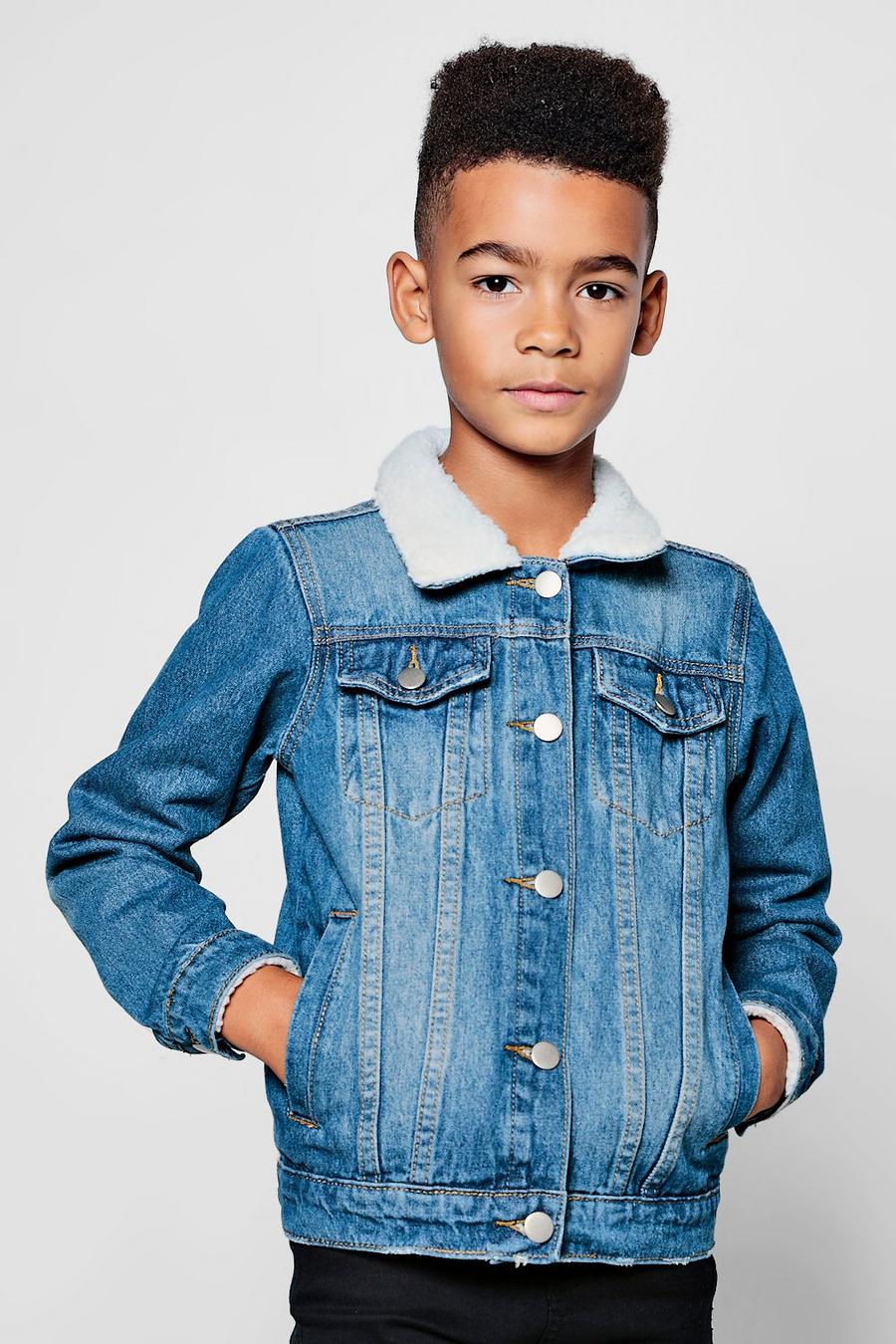 Boys Borg Collar Denim Jacket, Blue image number 1