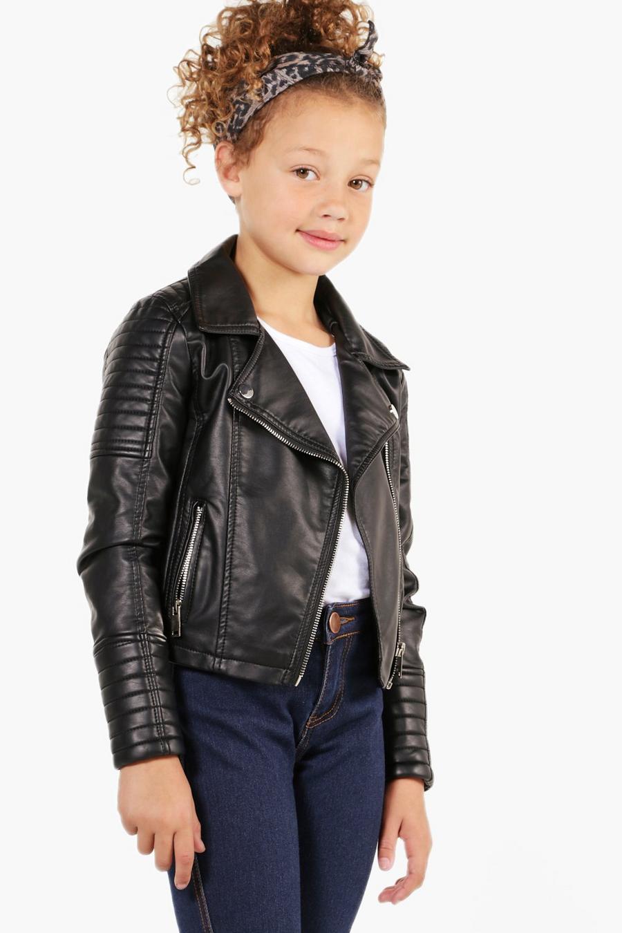 Girls Biker Style Faux Leather Jacket, Black image number 1