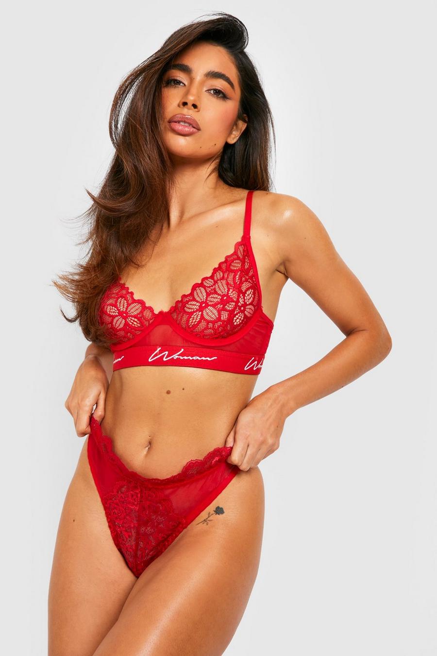 Valentines Day Red Lace Lingerie Set With Transparent Bra, Ruffle