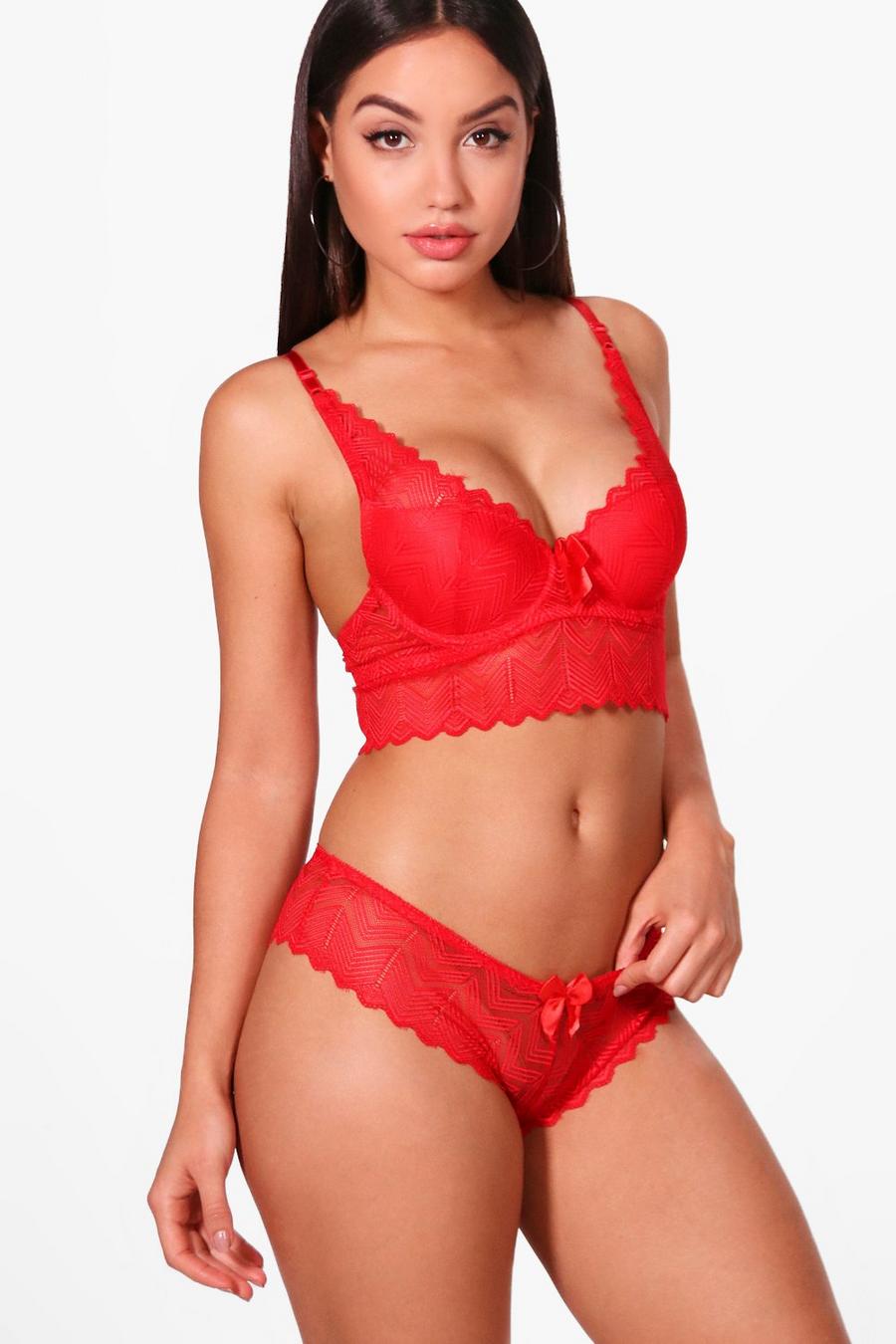 Linear Lace Padded Longline Bra, Red image number 1