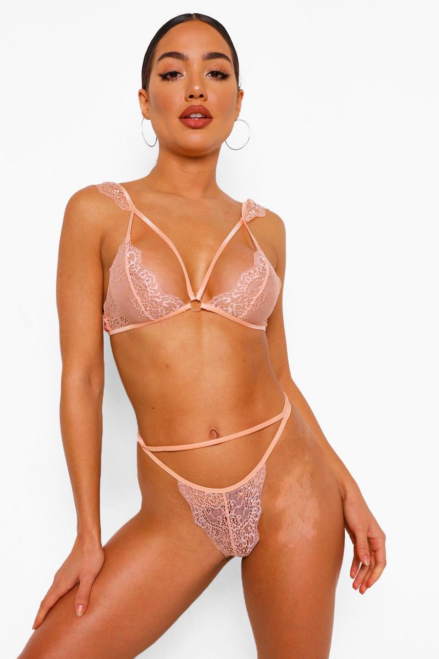 Blush Strap Detail Pretty Lace Bralet and Brief Set image number 1