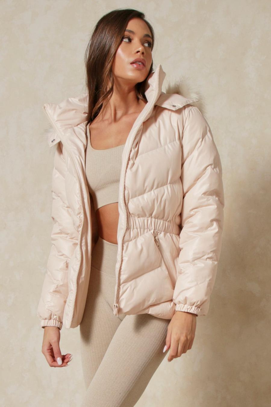 Nude Gathered Waist Faux Fur Hooded Puffer Coat