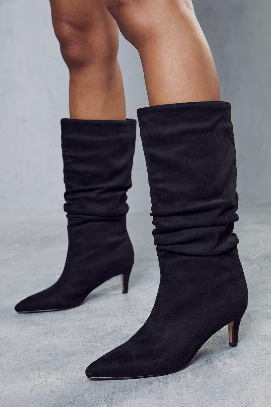 Black Faux Suede Mid Heel Ankle Boots