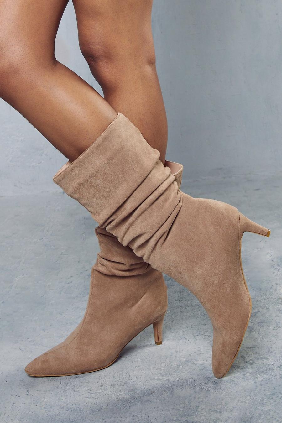 Camel Faux Suede Mid Heel Ankle Boots