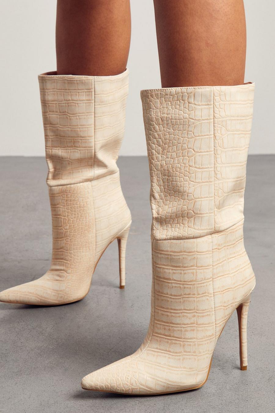 Nude Croc Pointed Heeled Ankle Boots