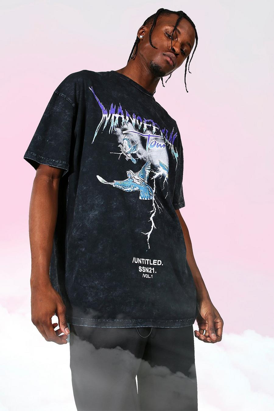 Camiseta oversize con lavado de ácido y estampado de Tour, Charcoal image number 1