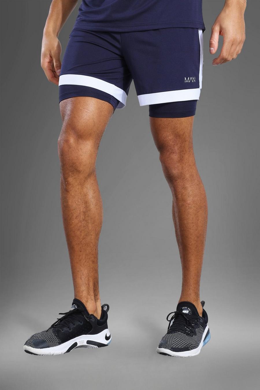 MAN Active 2-In-1 Shorts mit Netzeinsatz, Reißverschlusstasche, Marineblau