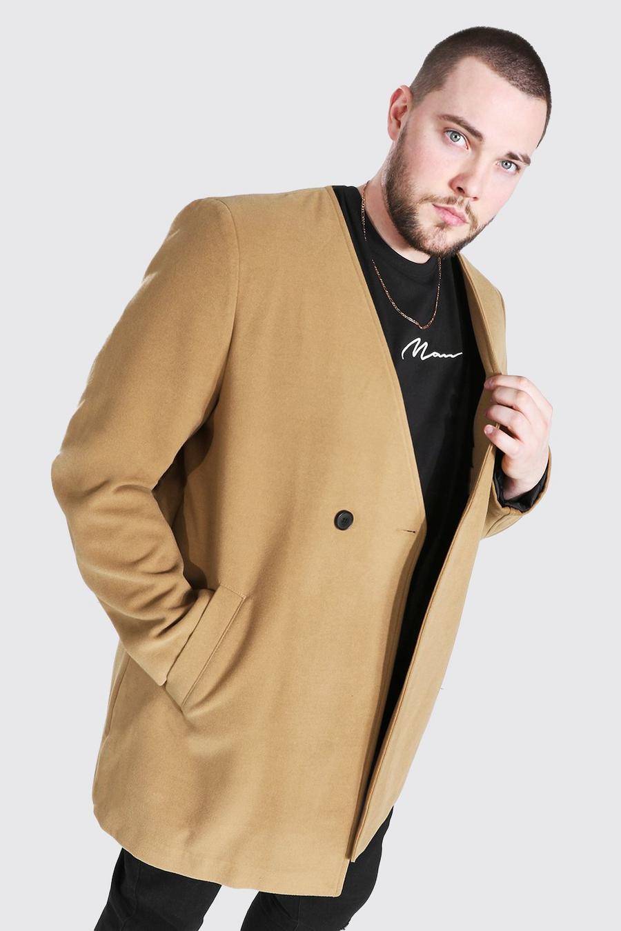 Camel Plus Size Smart Collarless 2 Button Overcoat