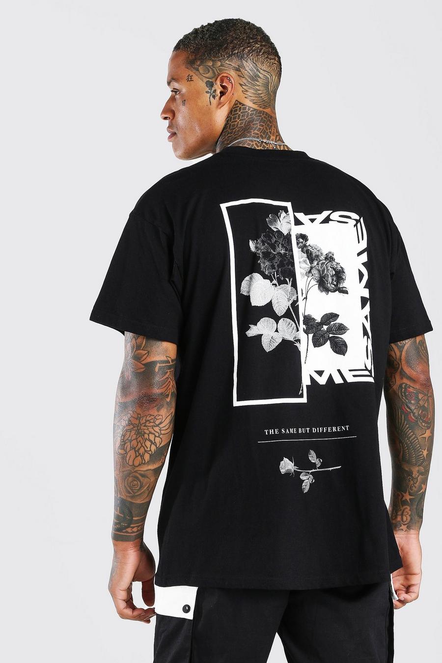 Camiseta oversize con estampado en la espalda de fotos de flores, Negro image number 1