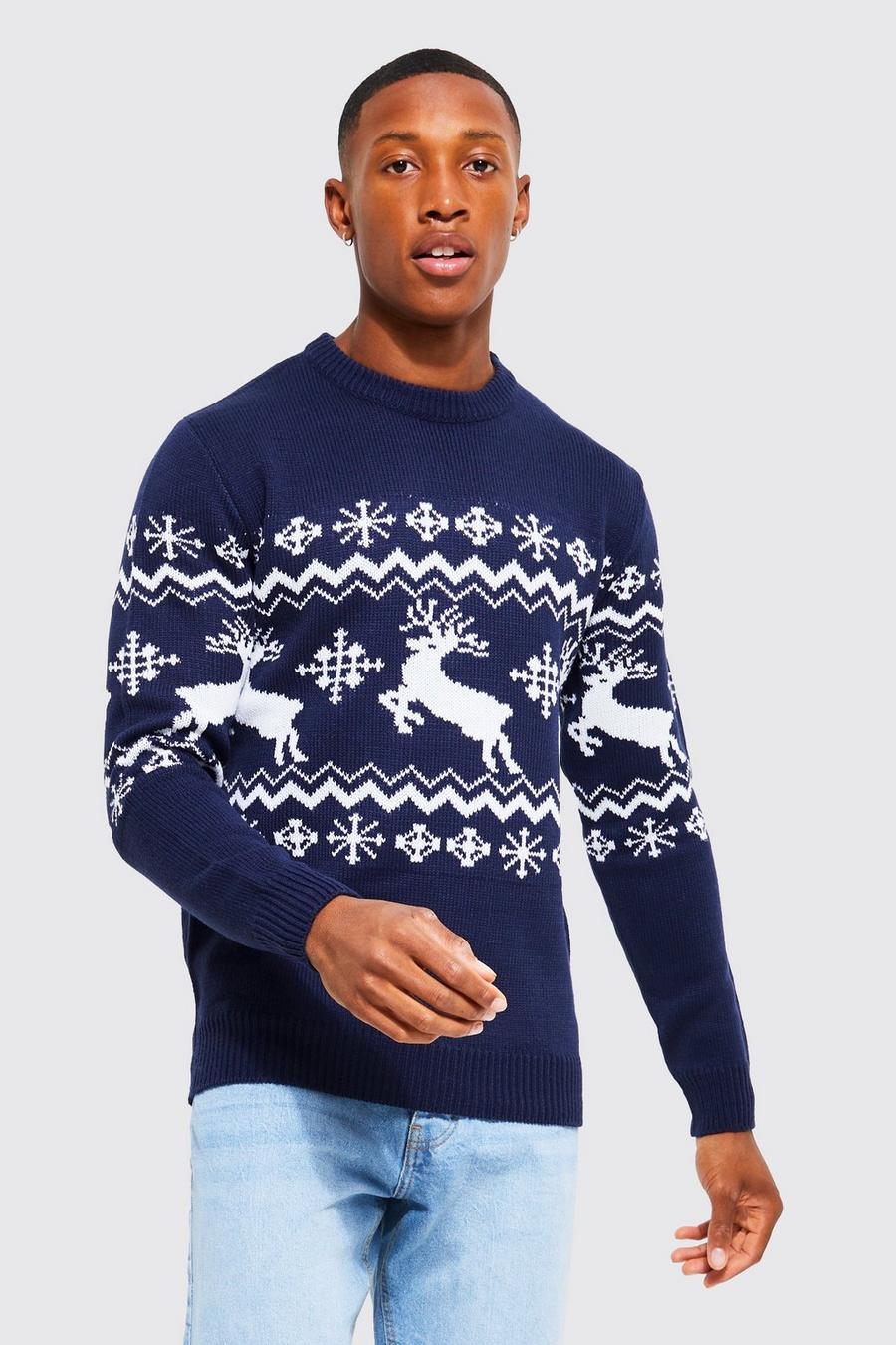Navy Muscle Fit Reindeer Fair Isle Christmas Sweater image number 1