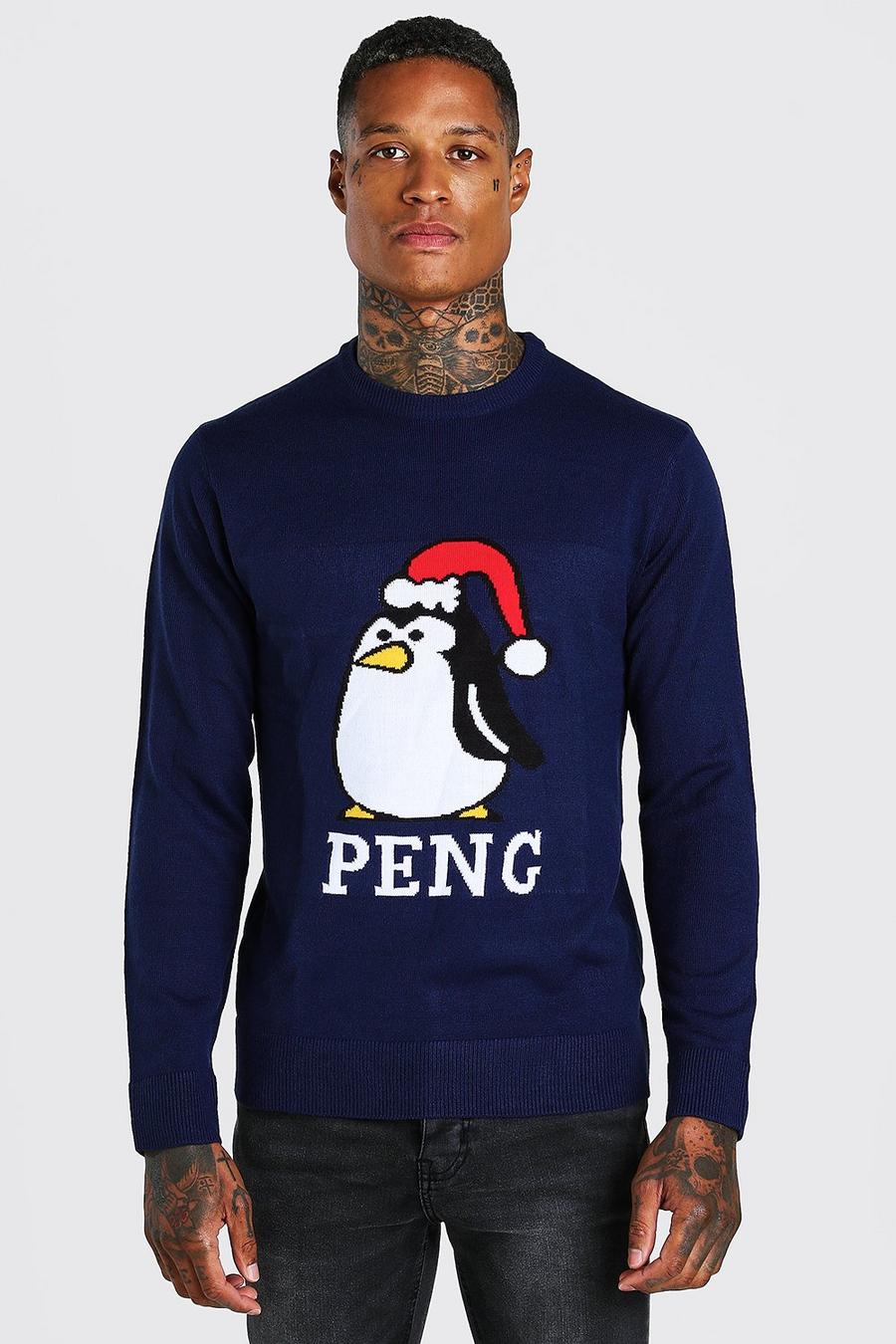 Maglione natalizio con pinguino, Blu oltremare