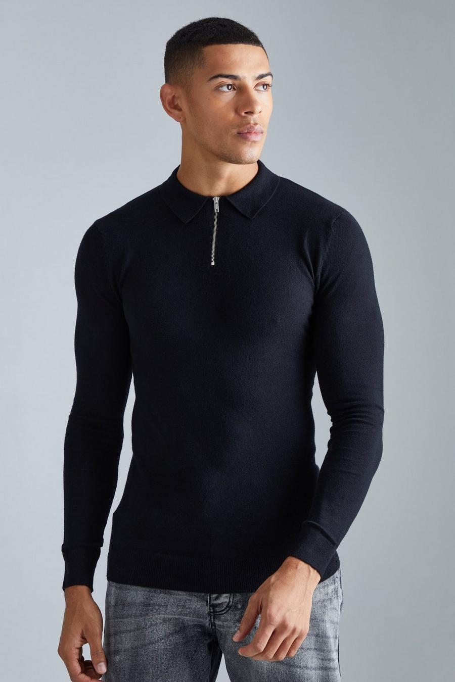 Langärmliges Muscle-Fit Poloshirt mit halbem Reißverschluss, Black