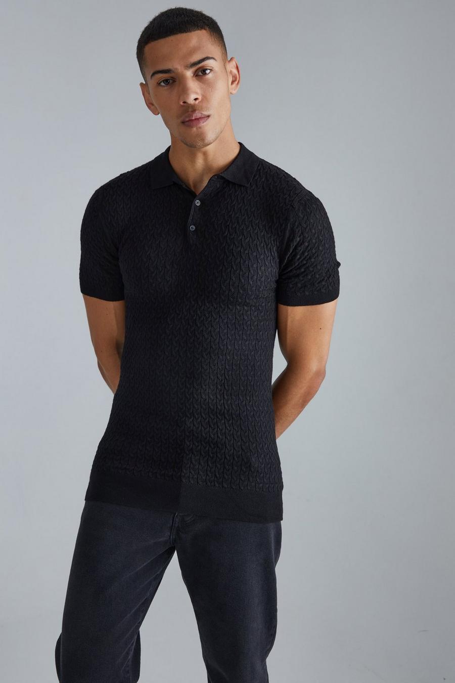 Black Muscle Short Sleeve Cable Polo image number 1