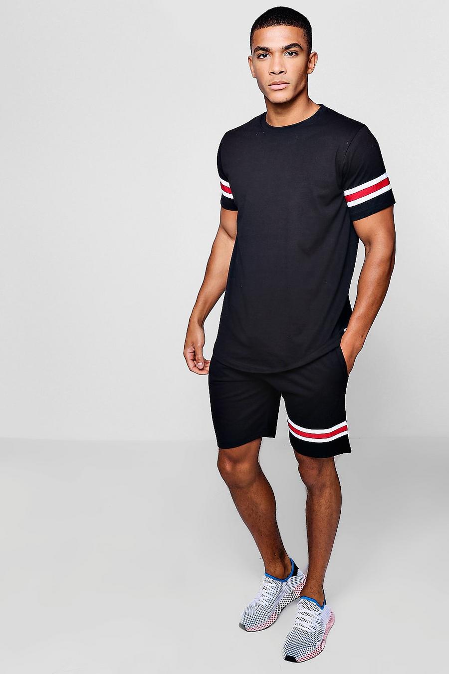 Black T-Shirt & Middellange Shorts Set Met Strepen image number 1