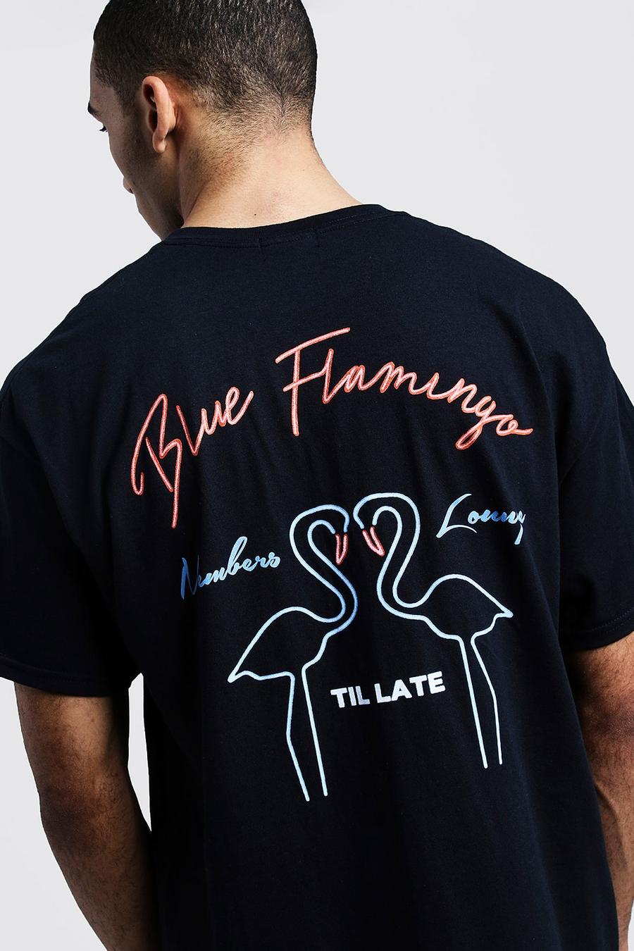 Black Neon Blue Flamingo Print Oversized T Shirt image number 1