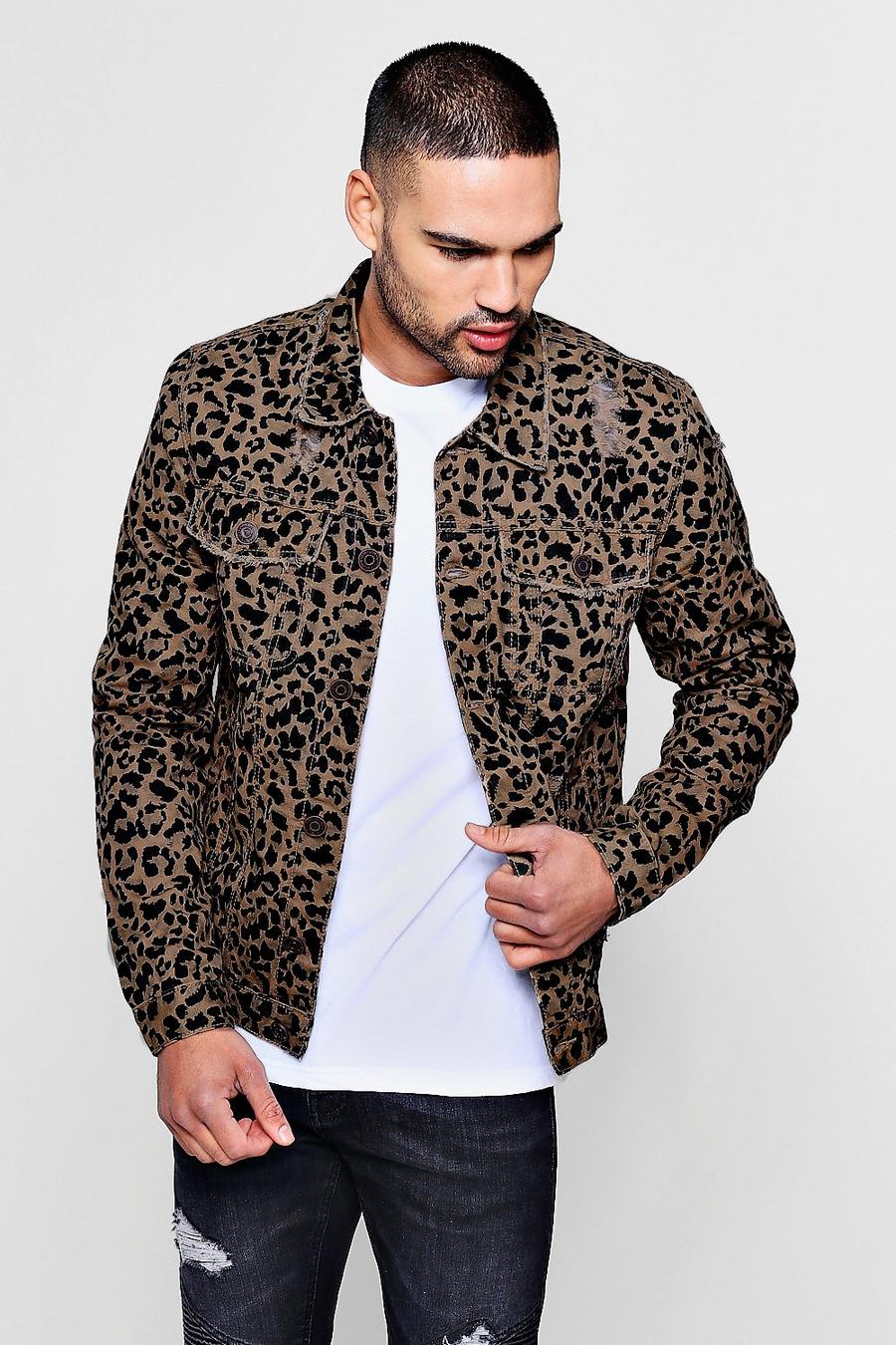Tan Skinny Fit Leopard Print Denim Jacket image number 1