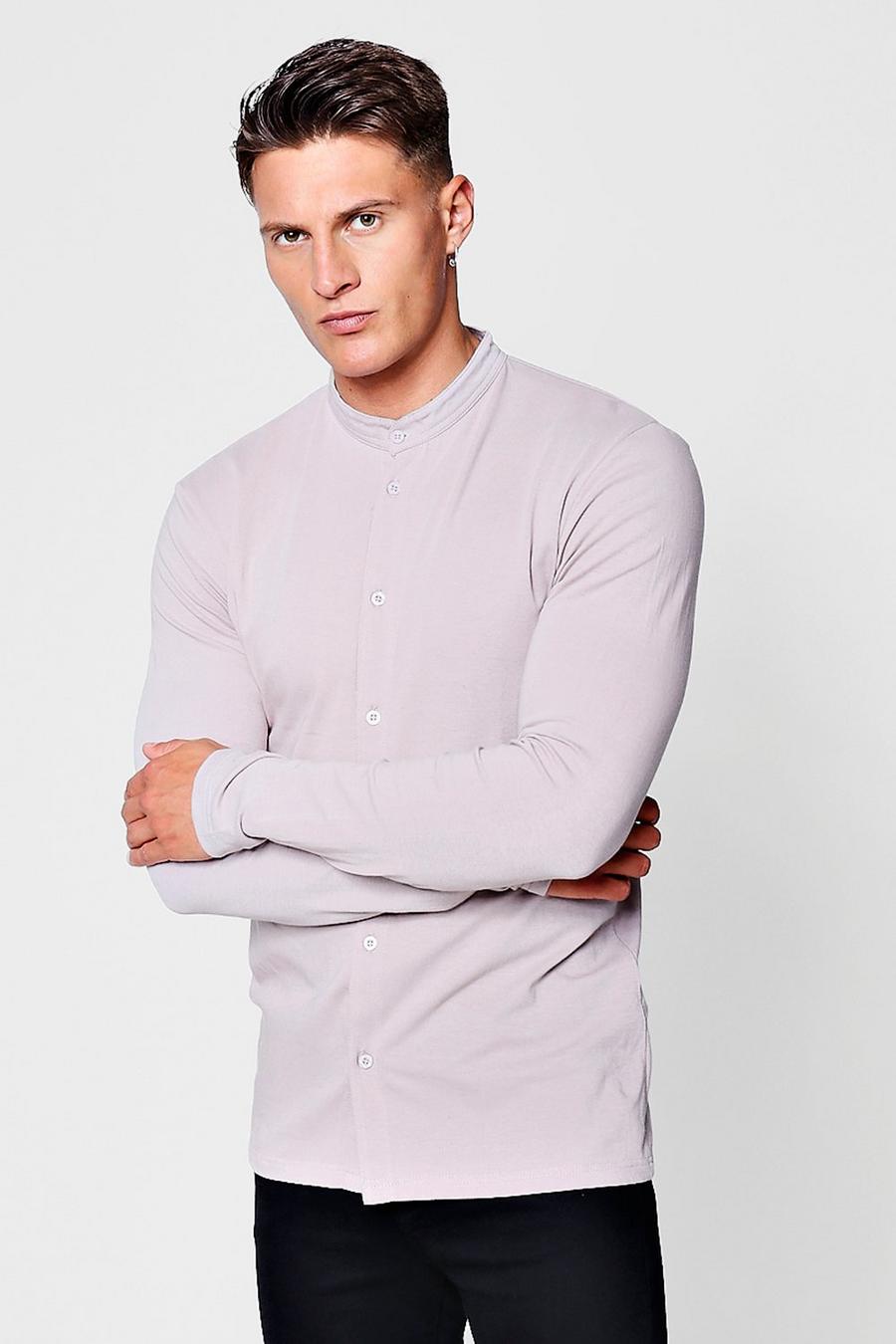 Camicia attillata in jersey a maniche lunghe con colletto serafino, Corteccia image number 1