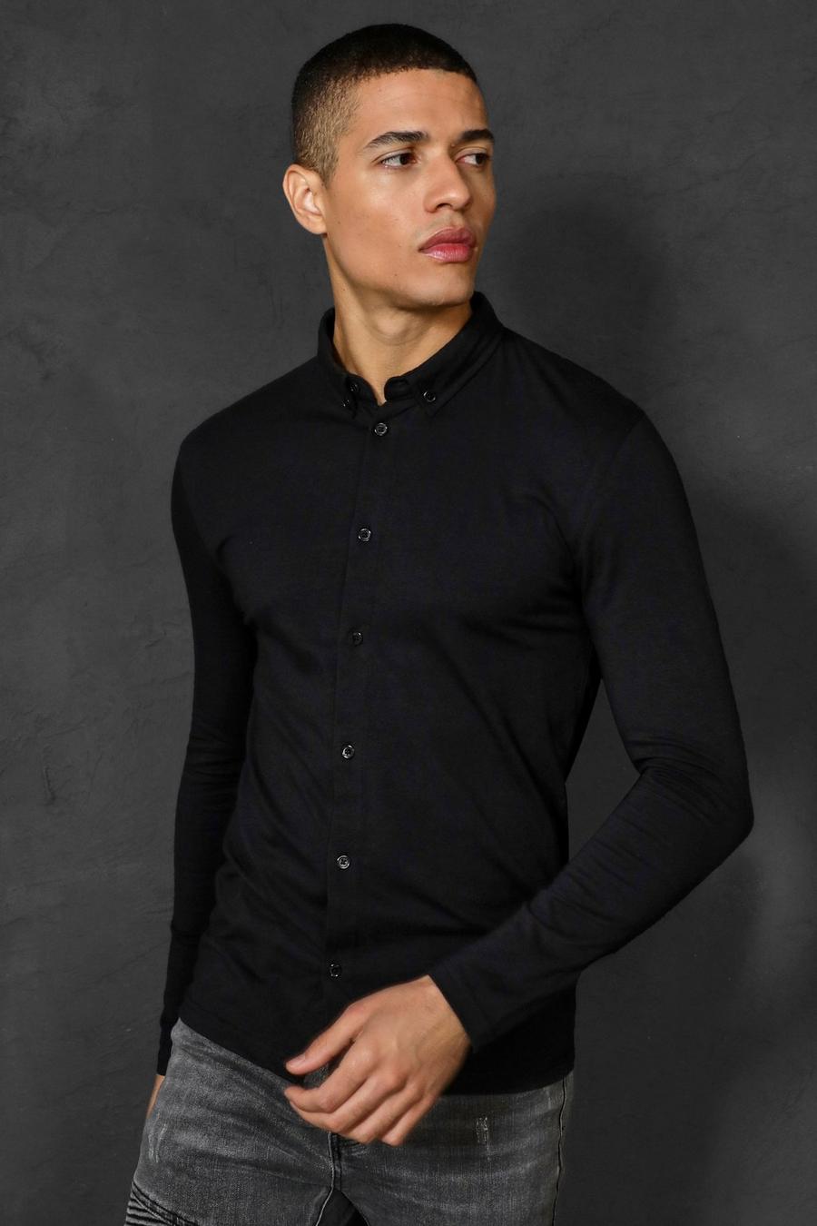Camicia attillata a maniche lunghe in jersey, Nero image number 1