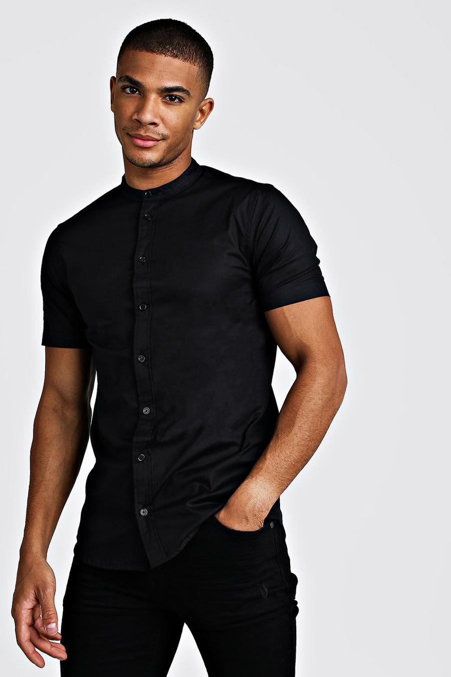 Black Muscle Fit Grandad Collar Short Sleeve Shirt image number 1