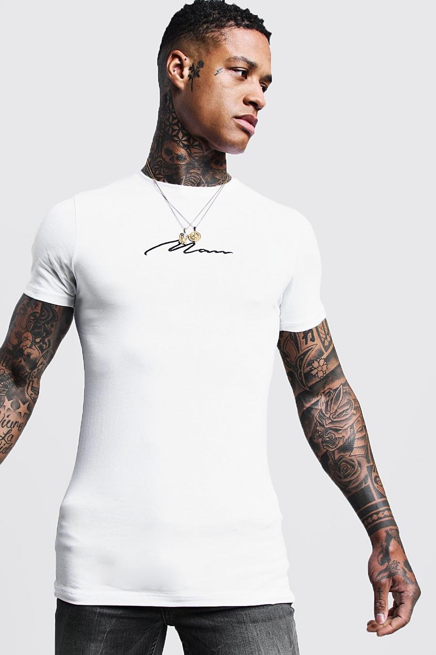 White MAN Signature Embroidered Muscle Fit T-Shirt image number 1