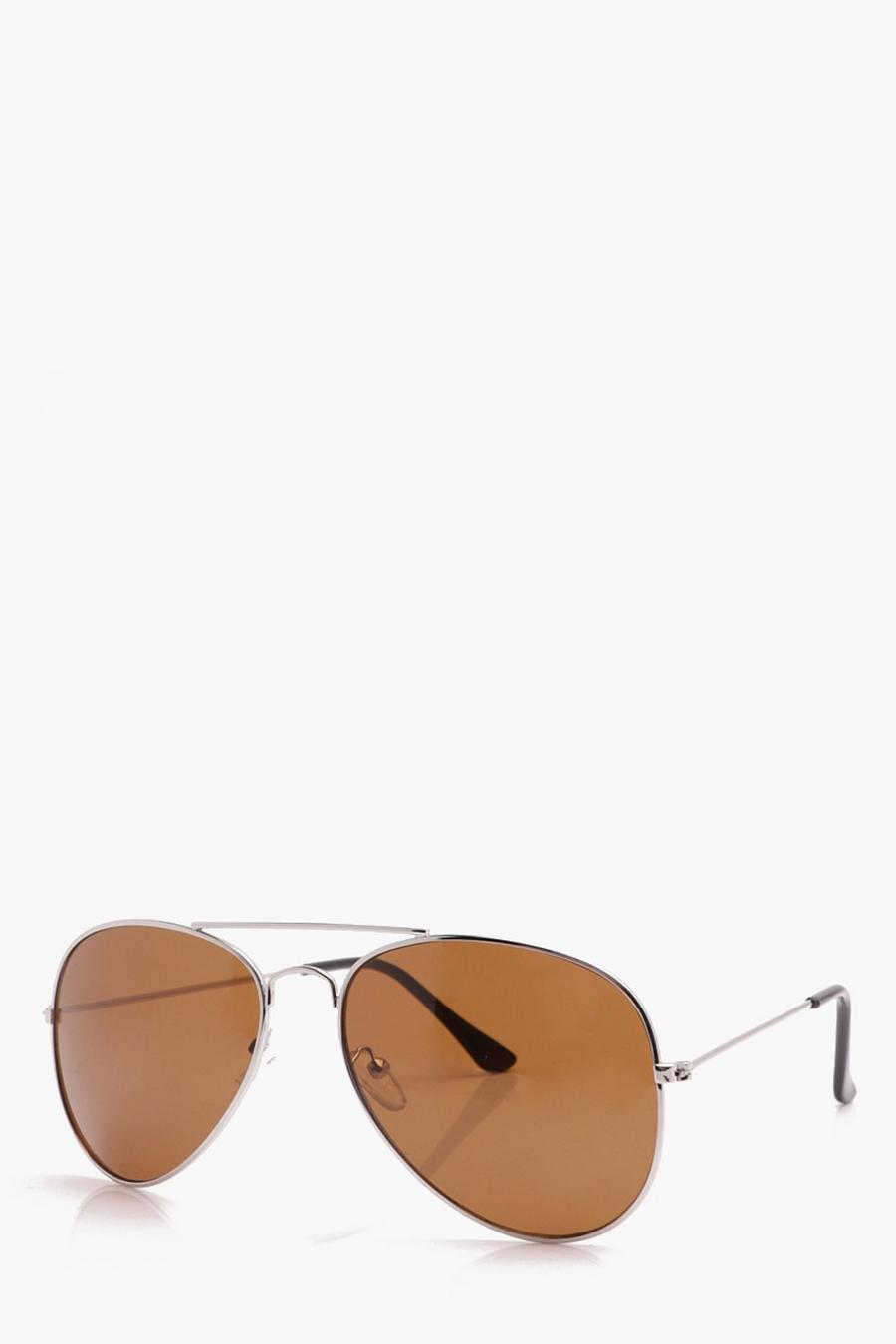 Silver Classic Aviator Sunglasses With Brown Lens image number 1