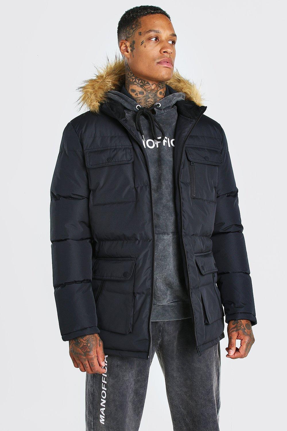 Men's Coats & Jackets Sale Multi Pocket Quilted Parka with Faux Fur Hood