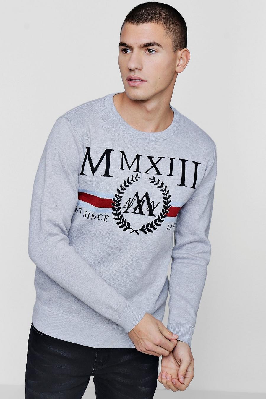 MAN Roman Numeral Intarsia Knitted Jumper, Grey image number 1
