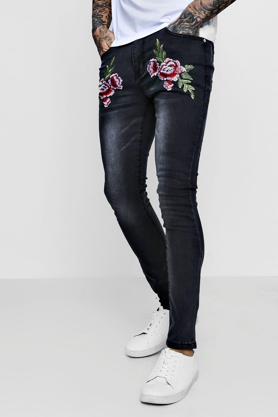 Charcoal Super Skinny Jeans With Floral Rose Embroidery image number 1
