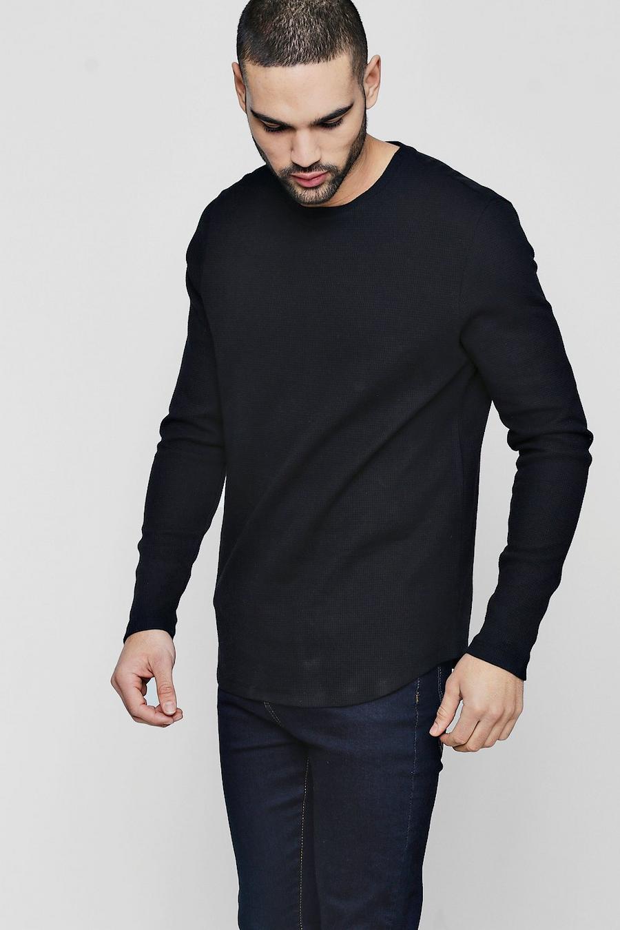 Black Long Sleeve Waffle Knit T-Shirt image number 1