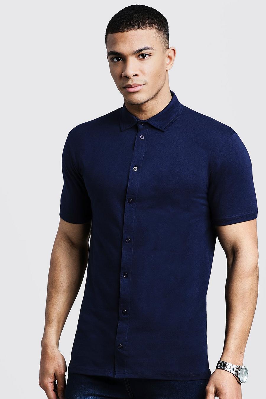 Kurzärmeliges, körperbetontes Jersey-Hemd, Marineblau image number 1