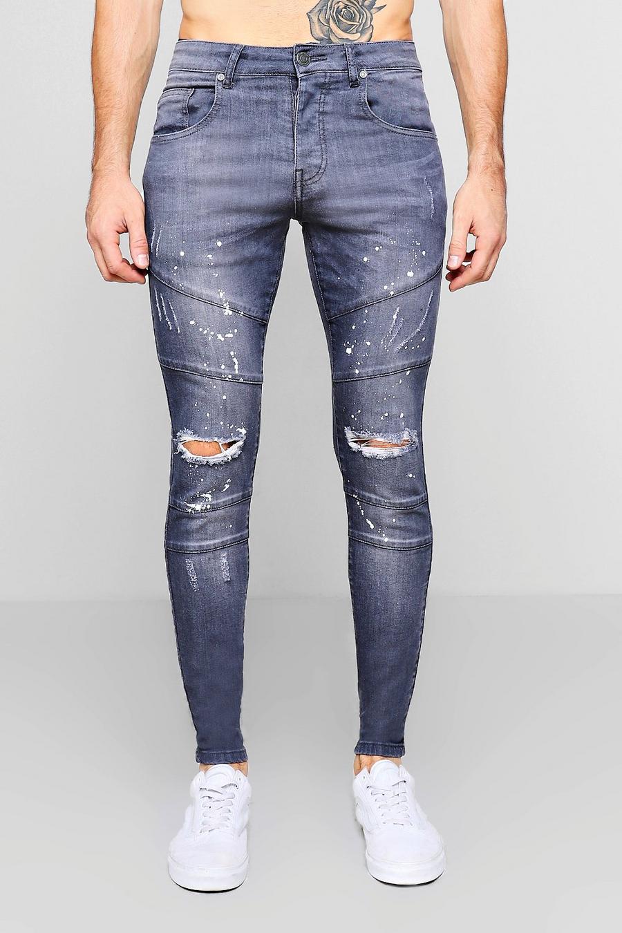 Skinny Fit Panelled Jeans With Paint Splatter, Grey image number 1