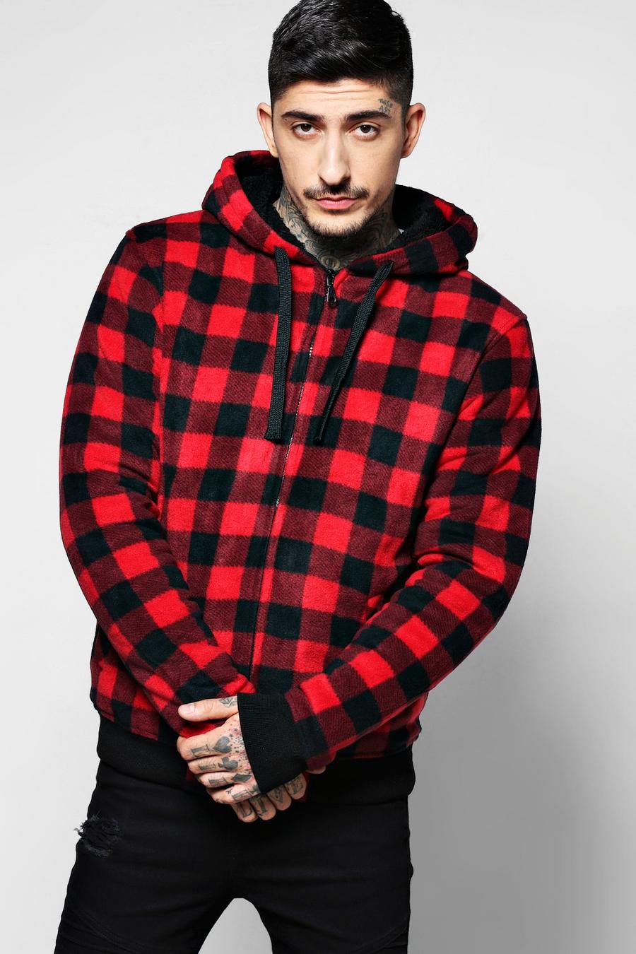 Red Check Hoodie With Borg Lining image number 1