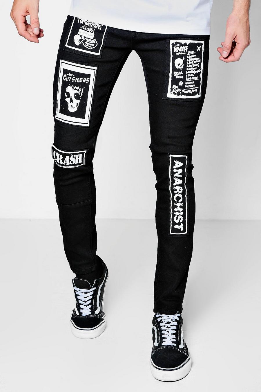Extrem schmal geschnittene Jeans mit Punk-Flicken, Schwarz image number 1