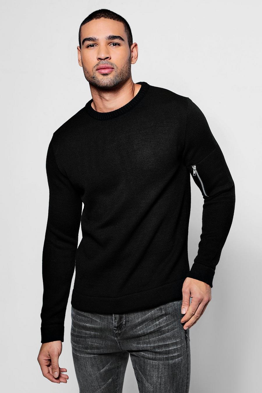 Black Zip Pocket Knitted Sweater image number 1