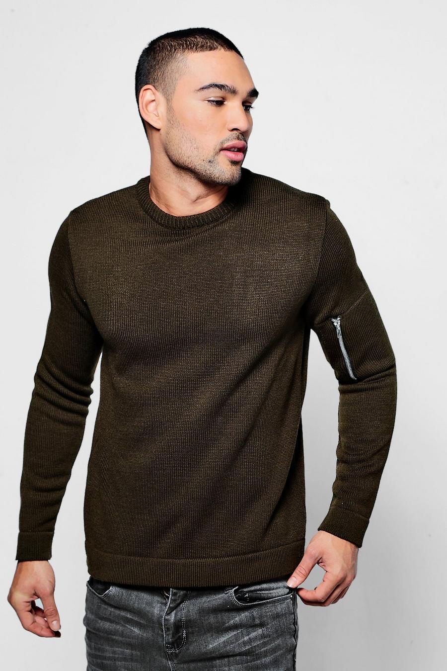 Pull tricoté à poche zippée, Kaki image number 1