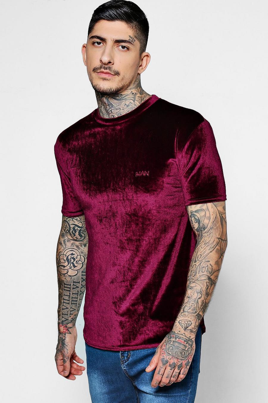 Burgundy MAN Velour T-Shirt In Muscle Fit image number 1