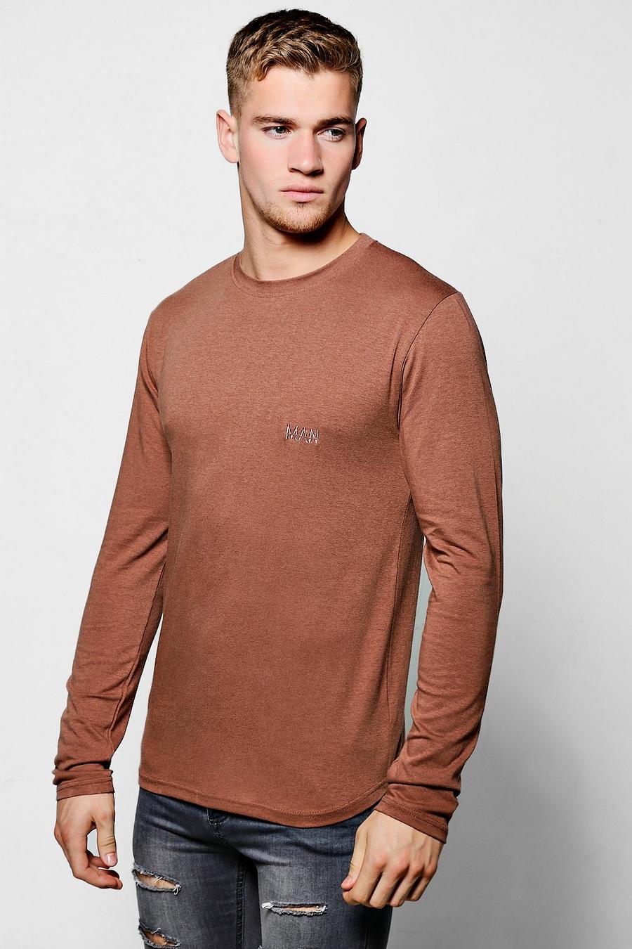 Brown MAN Branded Long Sleeve Skinny Fit T-Shirt image number 1
