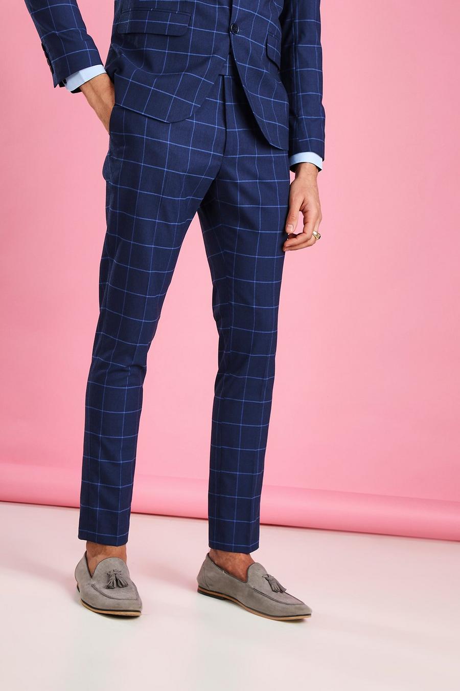 Navy Skinny Fit Windowpane Check Suit Trousers image number 1