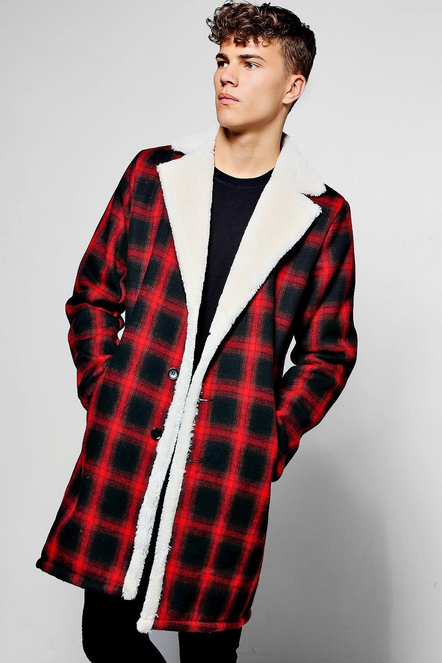 Longline Faux Fur Lined Check Overcoat, Red image number 1