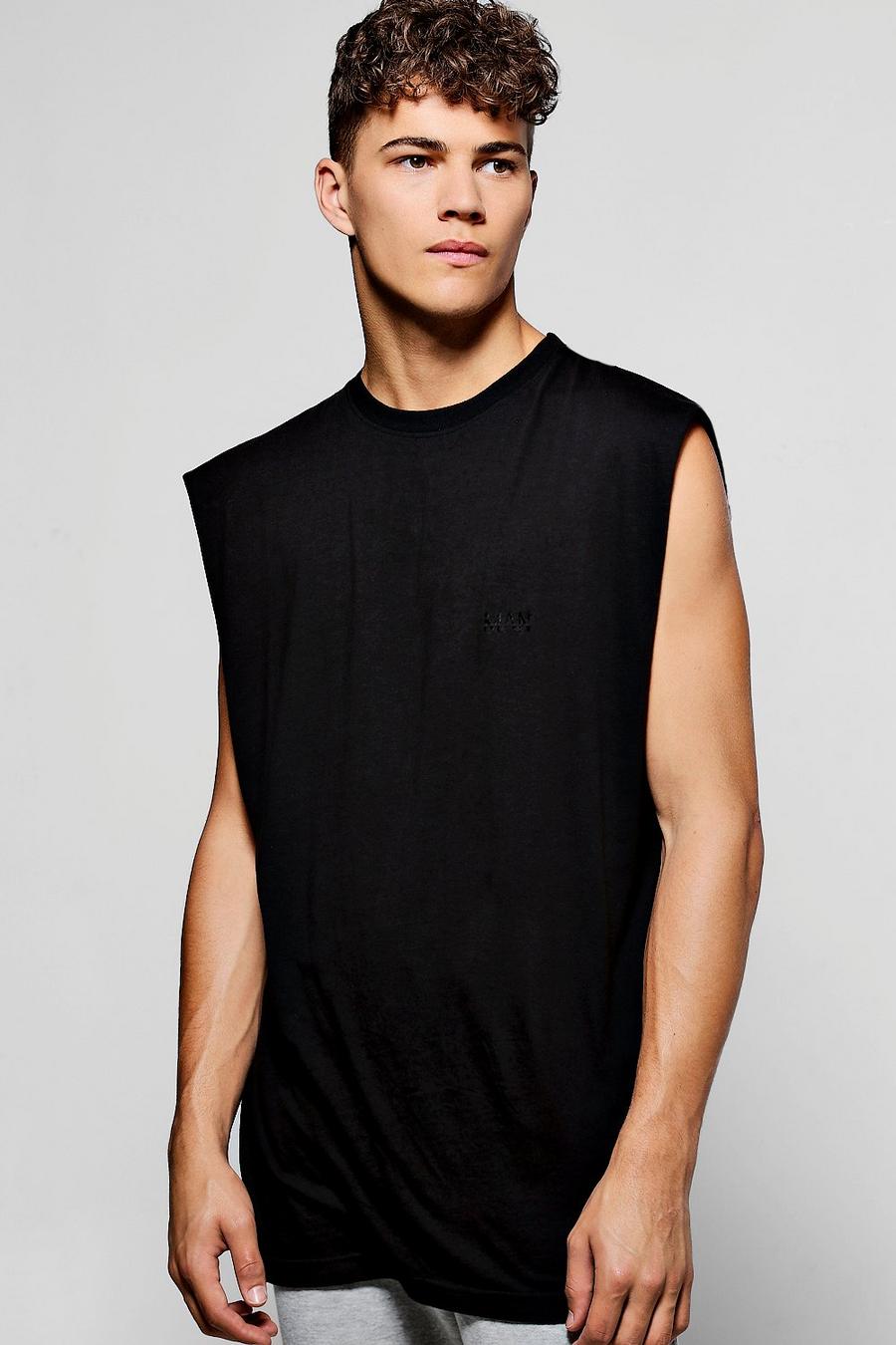 Übergroßes, ärmelloses T-Shirt mit Man-Print, Schwarz image number 1