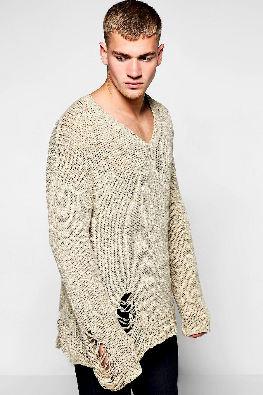 Sand V Neck Distressed Knitted Sweater image number 1
