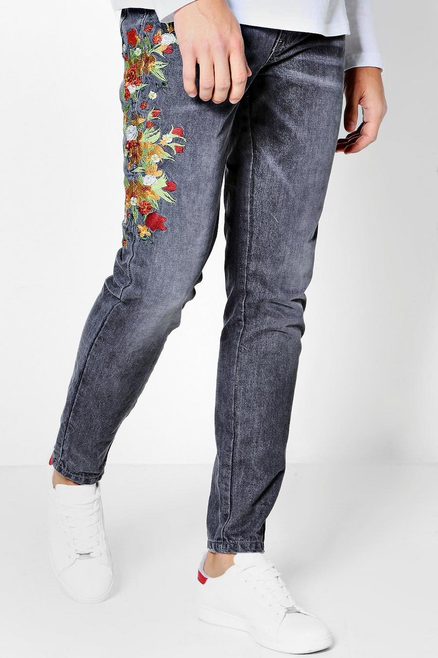 Grey Skinny Fit Floral Embroidered Jeans image number 1