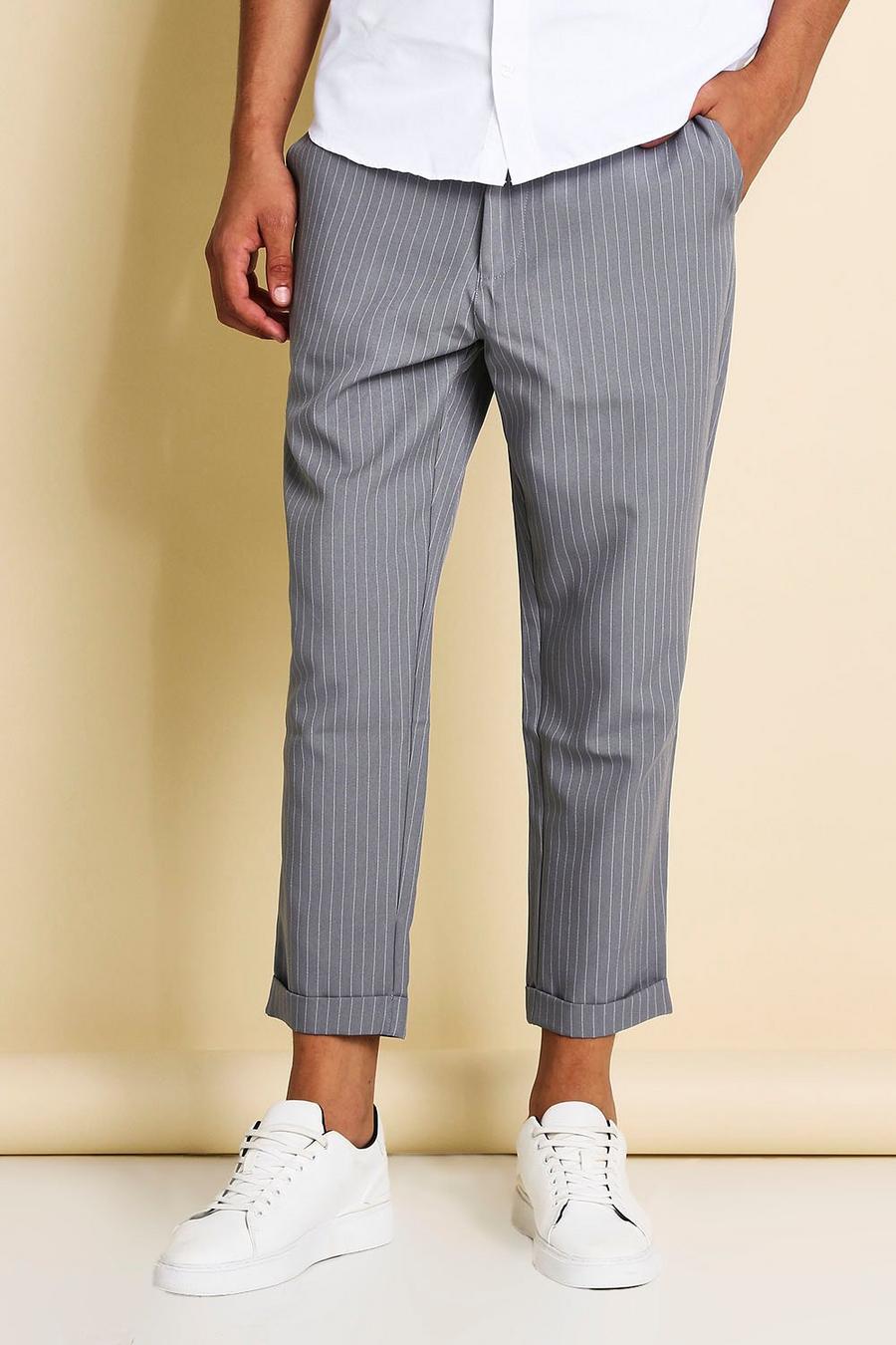 Graue, gekürzte, elegant geschnittene Hose mit Nadelstreifen, Grau image number 1
