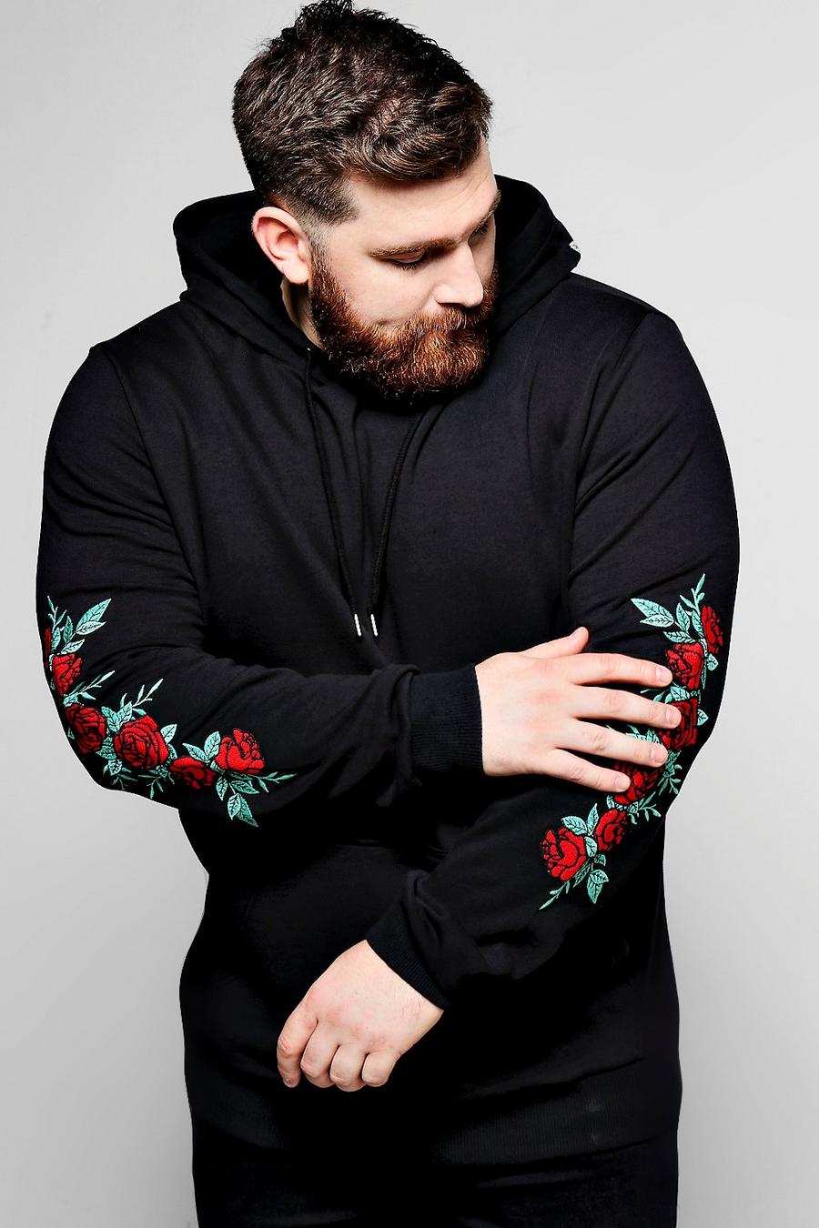 Big And Tall Rose Embroidered Hoodie, Black image number 1