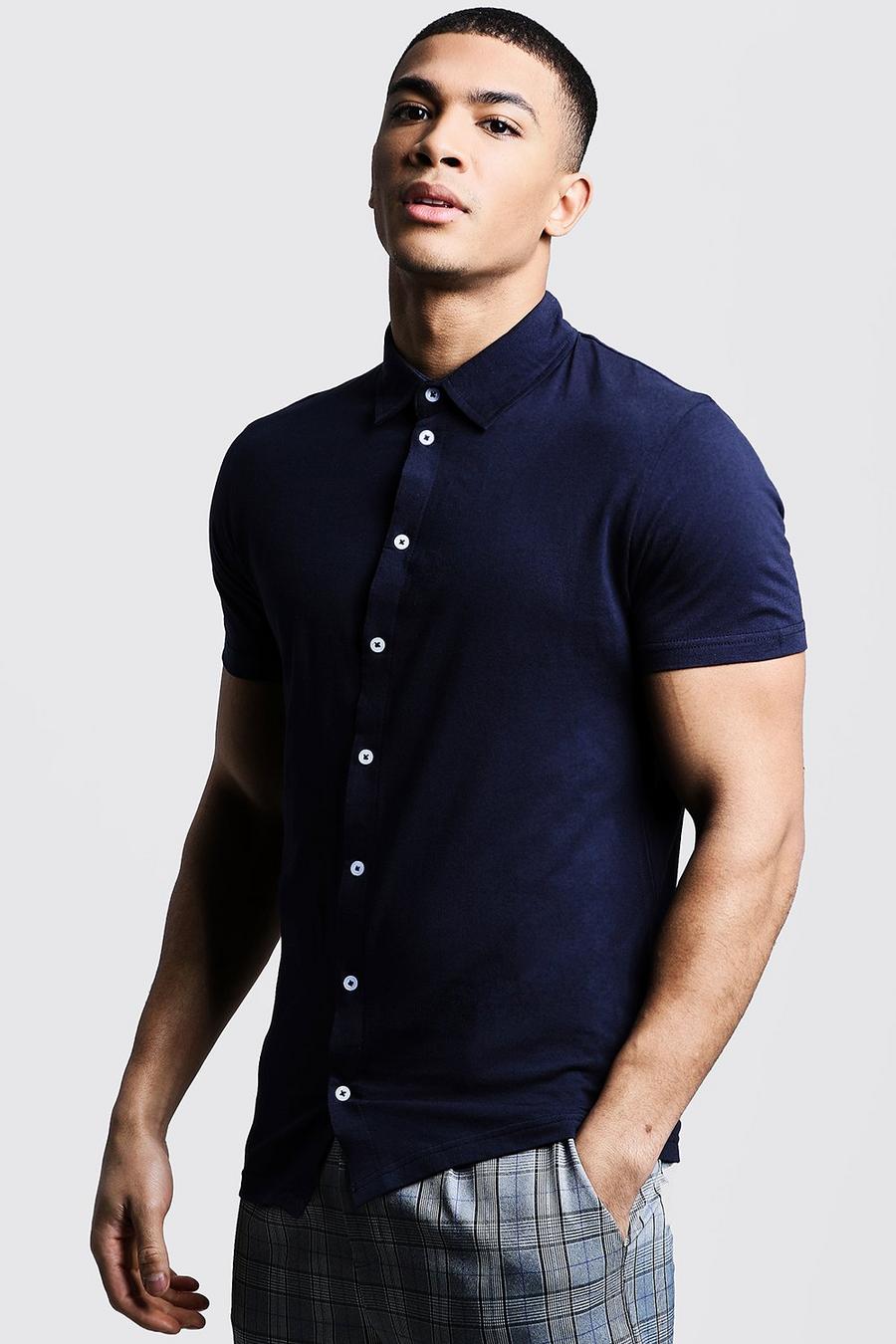 Marineblauw Jersey Overhemd Met Korte Mouwen image number 1