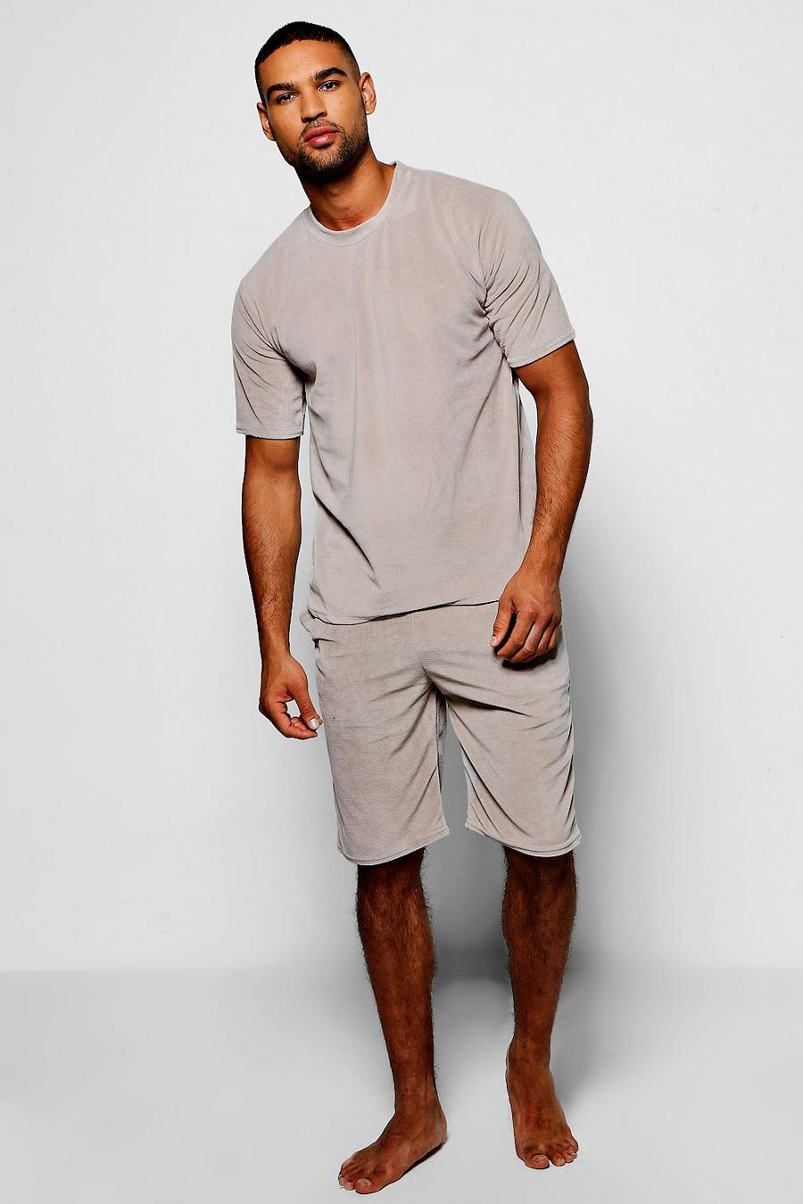 Taupe Towelling T-Shirt And Short Lounge Set image number 1