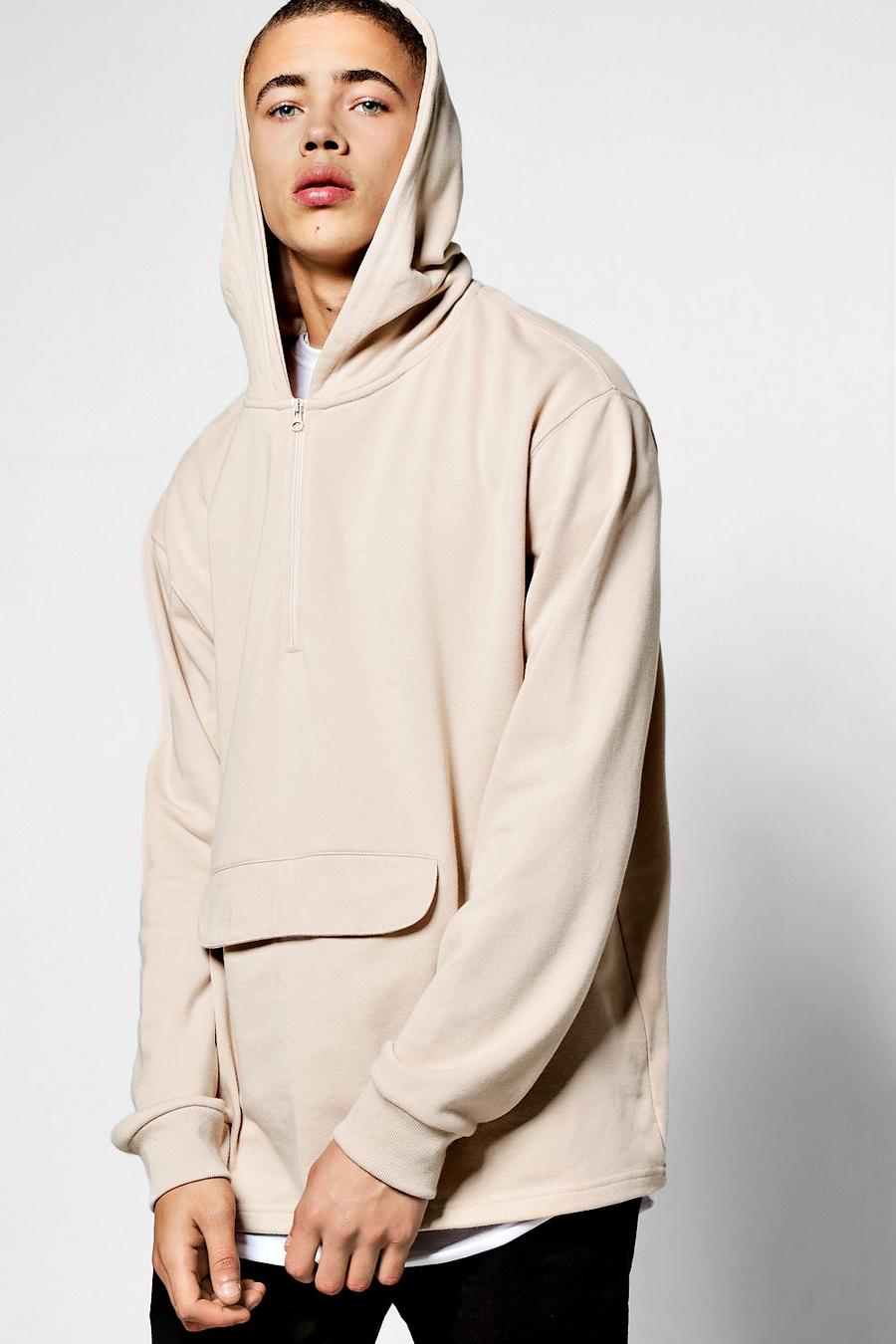 Taupe Oversized Over The Head Hoodie With Half Zip & Pocket image number 1