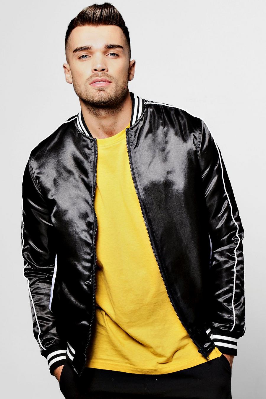 Black Varsity Style Satin Bomber Jacket With Contrast Piping image number 1